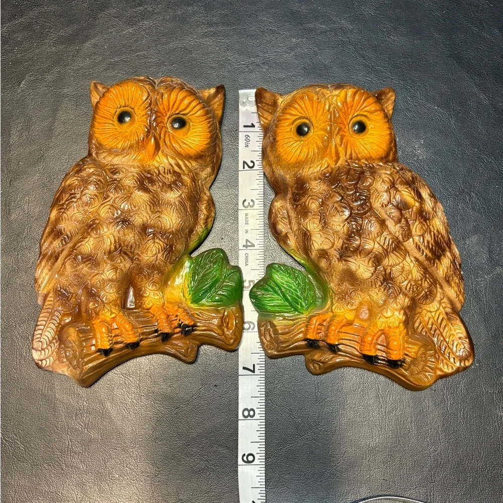 Set of Vintage 1970’s Chalk Owl Wall Hangings - Brown & Orange with Green Leaves